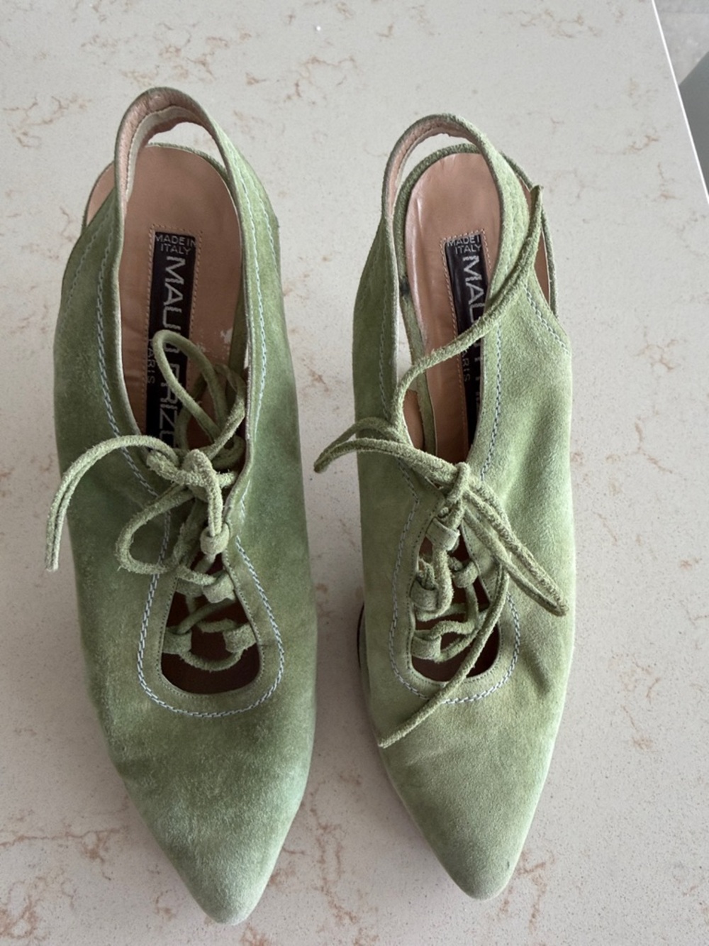 MAUD FRIZON Green Suede Lace-Up Slingback Pumps